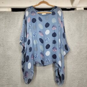 Made in Italy Silk Blend Polka Dot Ponho Top Blue Painterly Layered Lagenlook